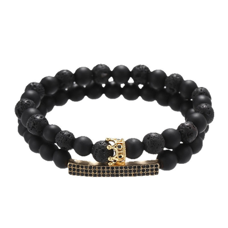 Geometric Crown Bracelet with Matte Black Stone and Cubic Zirconia, Alloy Plated Jewelry for Men and Women