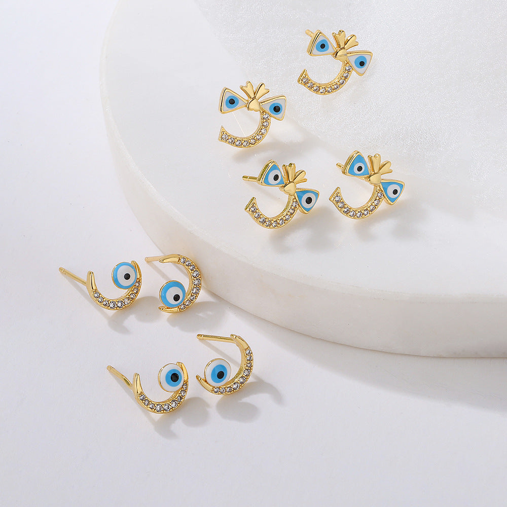 Cute Irregular Geometric Blue-Eye Stud Earrings for Women in Copper with INS-Inspired and Unique Personality Style