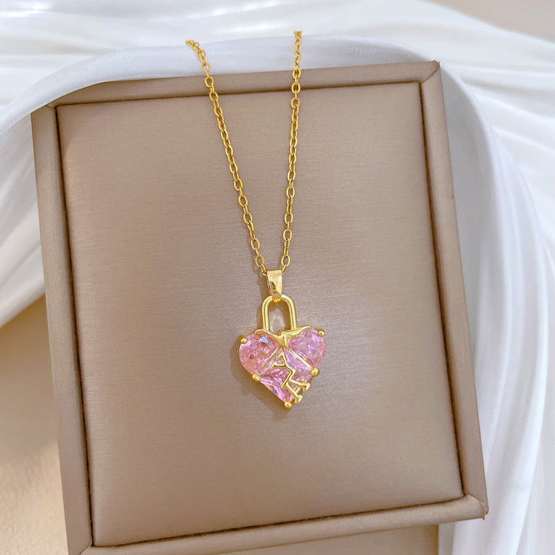 Sweet Pink Heart Rhinestone Titanium Steel Necklace Unisex Cable Chain