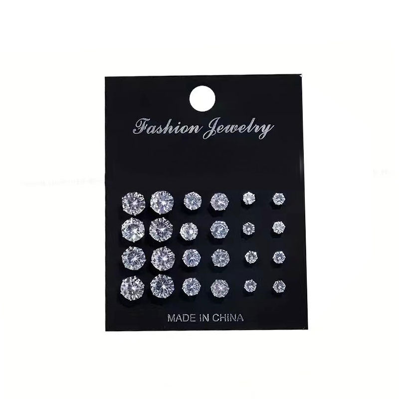 Set di 12 paia di orecchini casual con perle, zirconi cubici, cuore, forme geometriche, rotonde, triangolari e quadrate in acciaio inossidabile