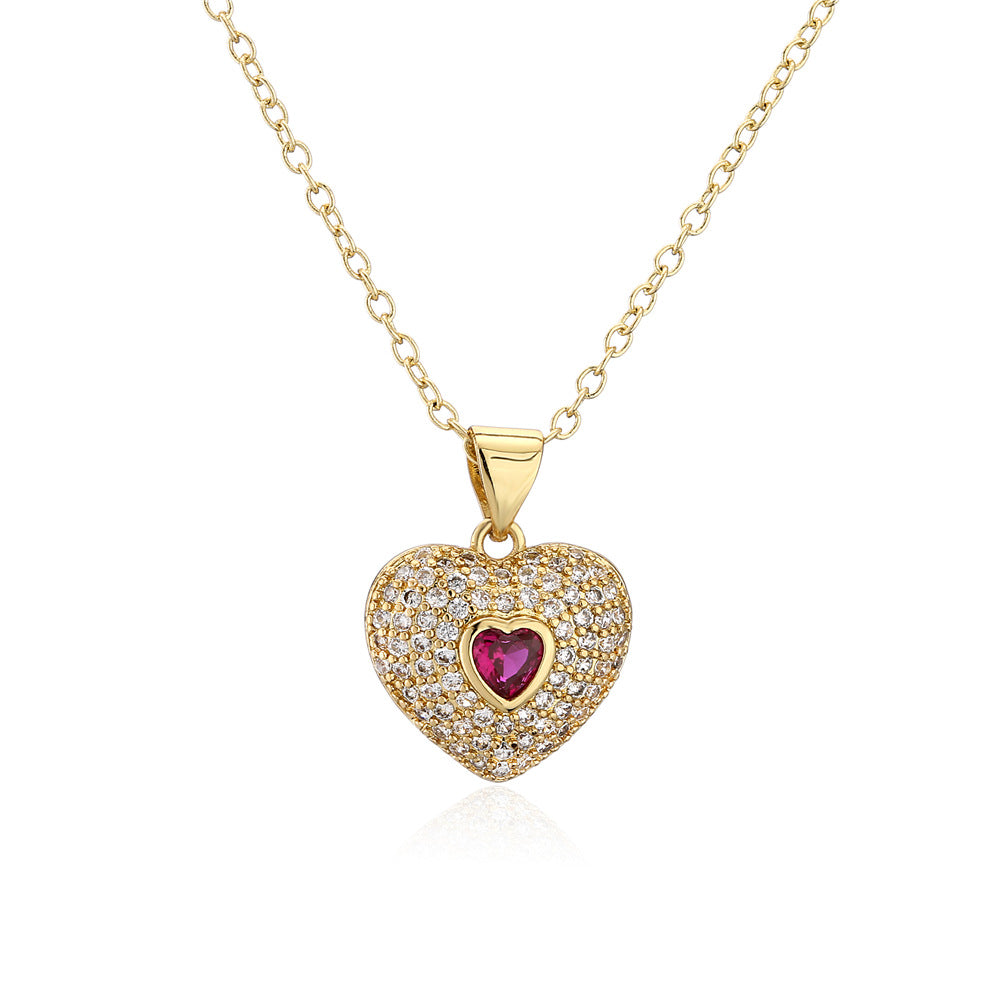 Gold Plated Brass Micro-Inlaid Cubic Zirconia Heart Geometric Pendant Necklace with Cable Chain