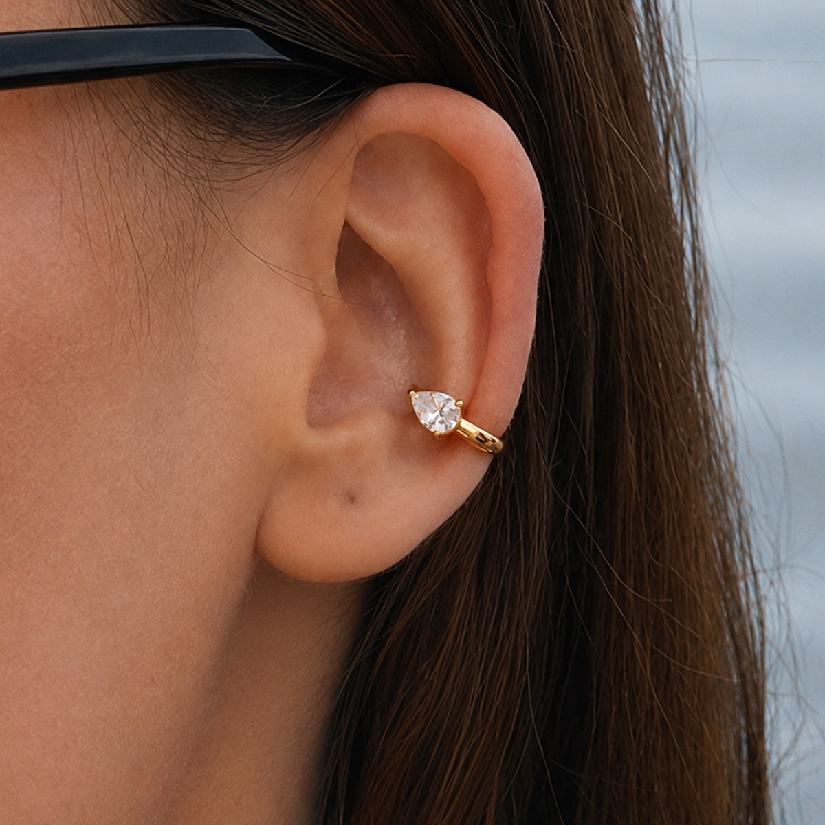 Minimalist Luxury 18K Gold Plated Stainless Steel Teardrop Cubic Zirconia Ear Cuff for Women