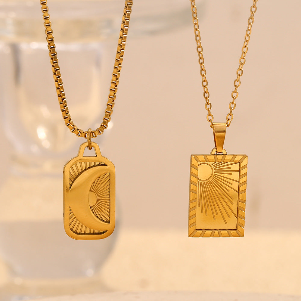Geometric Moon and Sun Pendant Necklace for Women Stainless Steel with 18K Gold Plating Box Chain
