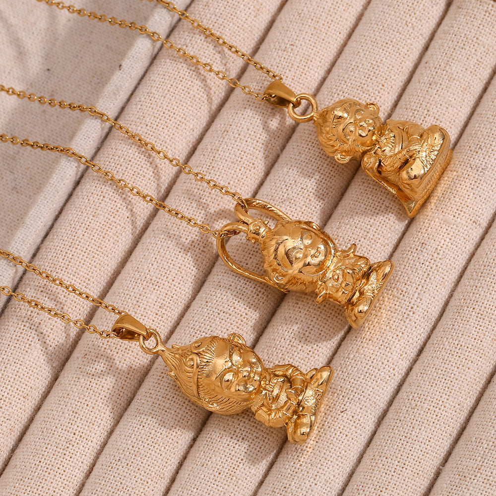 Collana con ciondolo in acciaio inossidabile con personaggio cartone animato minimalista placcato oro 18 carati e design 3D Re Scimmia