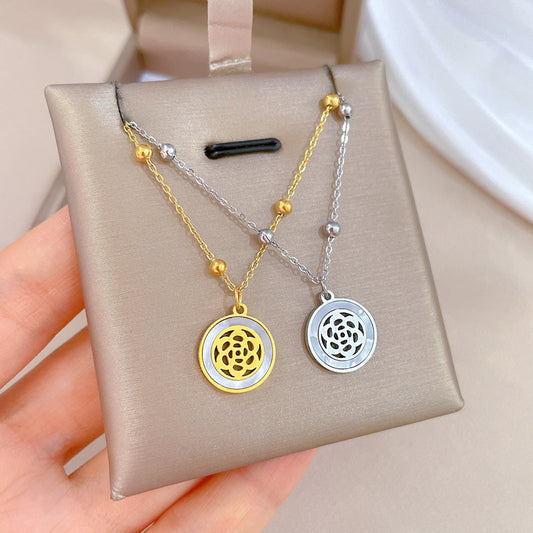 Minimalist Geometric Titanium Steel Necklace with Gold Plating for Women Featuring Camellia and Seashell Design Locket Pendant