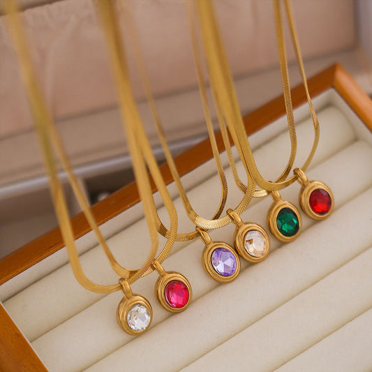 Minimalist Oval-Shaped Titanium Steel Pendant Necklace on Flat Snake Chain with Rhinestone Inlay and Plated Finish
