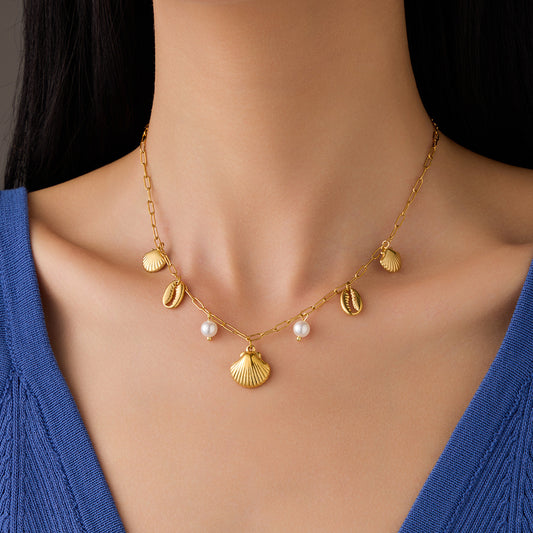 Ocean Series Shell and Pearl Pendant Necklace for Women in Titanium Steel with Plated Finish and Delicate Clavicle Chain