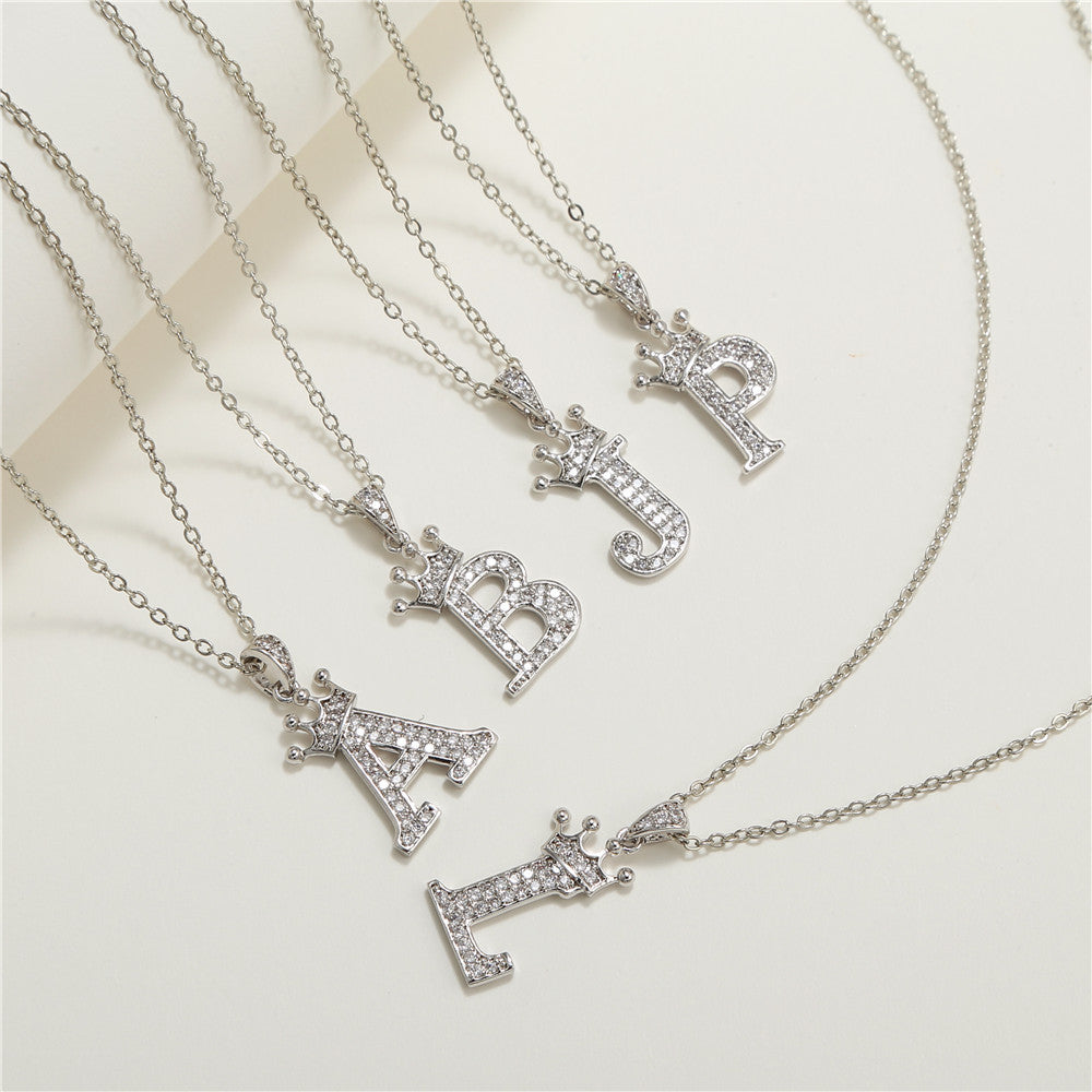 Minimalist White Gold Plated Crown Letter Pendant Necklace with Micro-Pave Cubic Zirconia for Women
