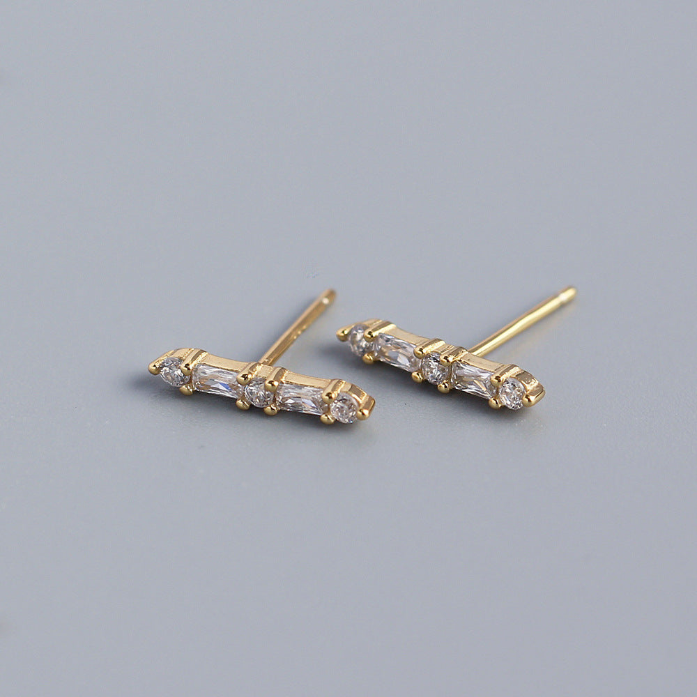 Elegant Business 925 Sterling Silver Geometric Rectangle Inlay Diamond Stud Earrings for Women