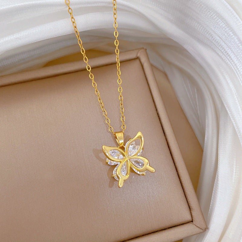 Sweet Minimalist Butterfly Hollow Cubic Zirconia Titanium Steel Necklace for Women and Men
