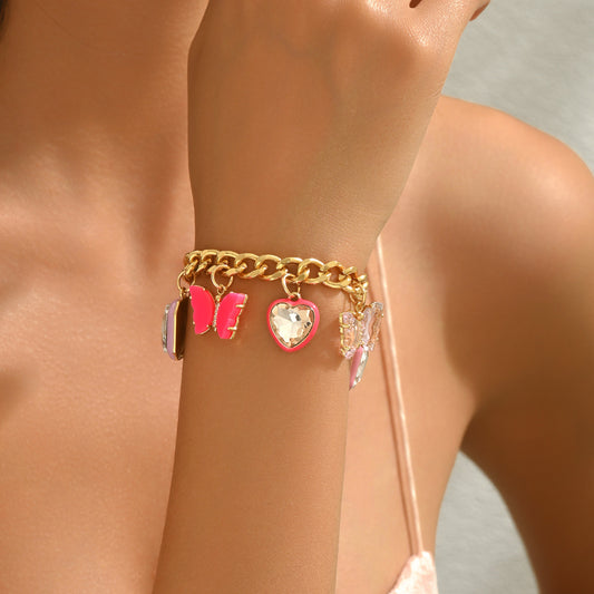 Geometric Heart-Shaped Rhinestone-Inlaid Enamel Bracelet for Women with Modern Minimalist Style