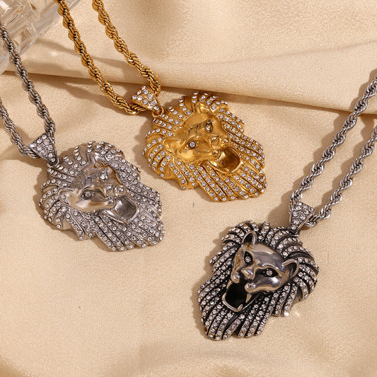 Hip Hop Style Lion Face Pendant Necklace for Men with Stainless Steel Body Titanium Steel Pendant Electroplated 18K Gold Rhinestone Inlaid Braided Chain