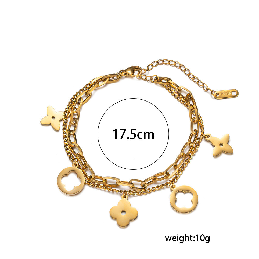 Minimalist Stainless Steel Double-Layer Hollow Four-Leaf Clover Bracelet with Multiple Pendants and Letter Charms