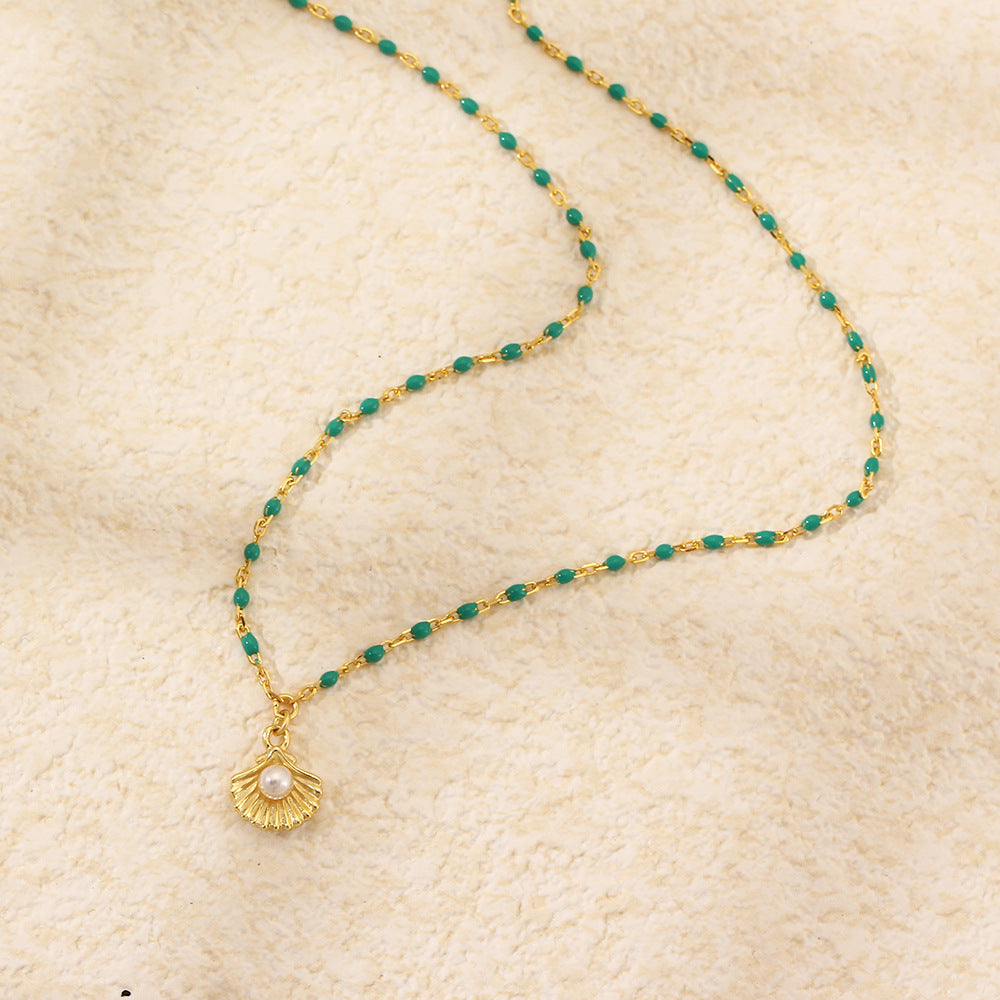 Minimalist Geometric S925 Sterling Silver Electroplated Clavicle Necklace with Resin-Coated Shell and Pearl Pendant for Women