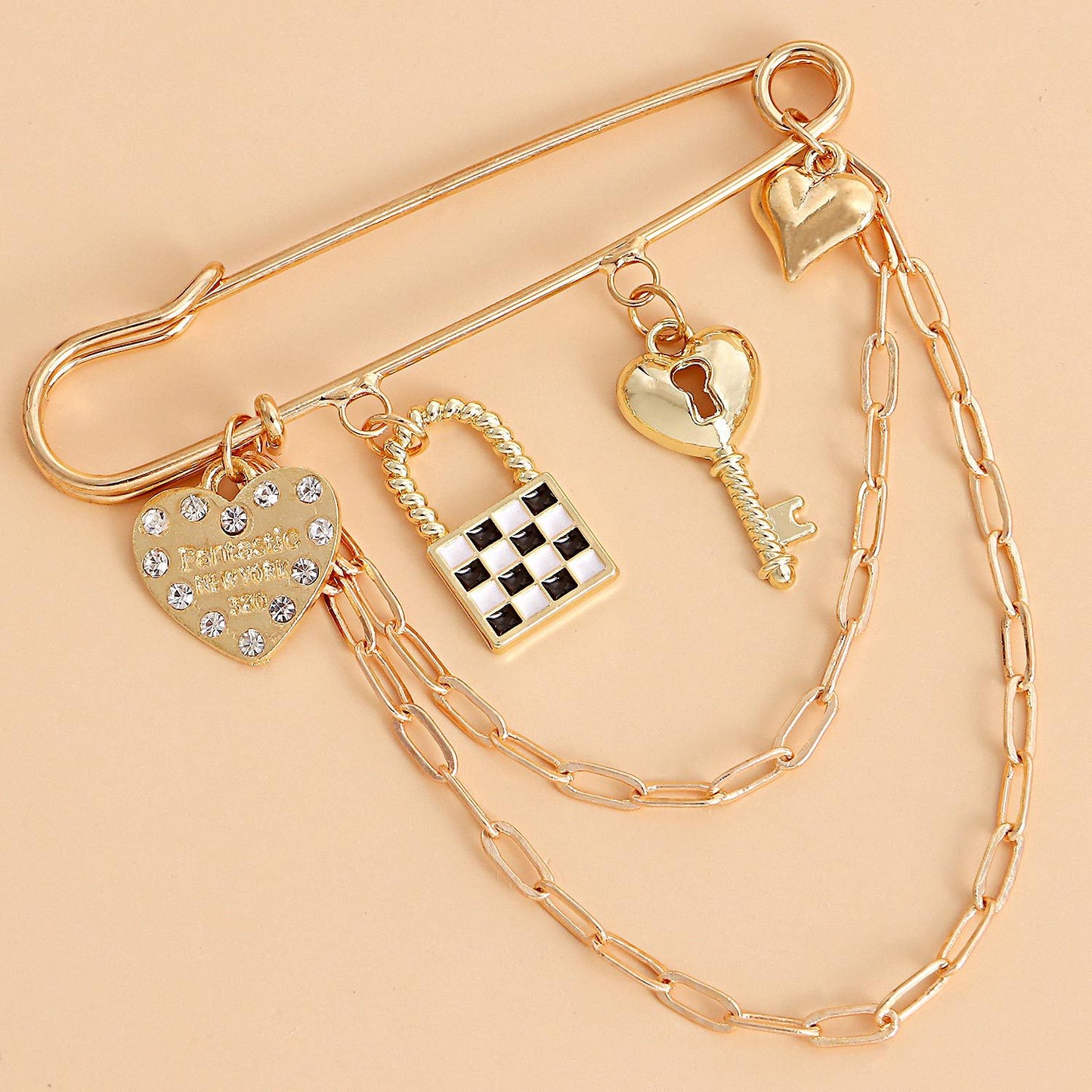 Spilla a forma di Cuore con Chiave, Lucchetto a Scacchi Geometrici Neri e Bianchi in Stile Vintage, in Lega con Finitura Galvanizzata