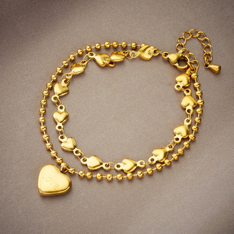 Pulsera de Acero Titanio Minimalista, a la Moda, de Doble Capa Apilable con Cuentas en Forma de Corazón para Mujeres