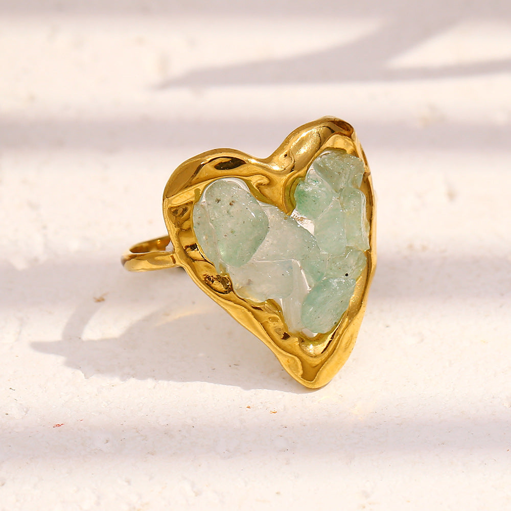 Vintage Fashion Heart-Shaped Stainless Steel Ring with 18K Gold Plating and Tiger Eye Stone Accents