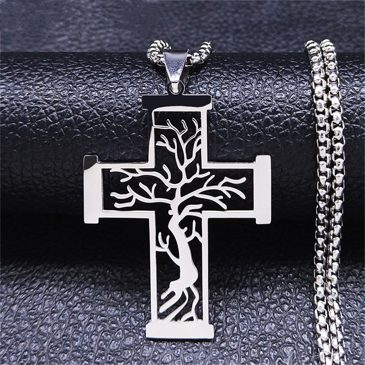 Minimalist Geometric Tree of Life Pendant Necklace in Stainless Steel with Polished Titanium Steel Charm on Standard Chain