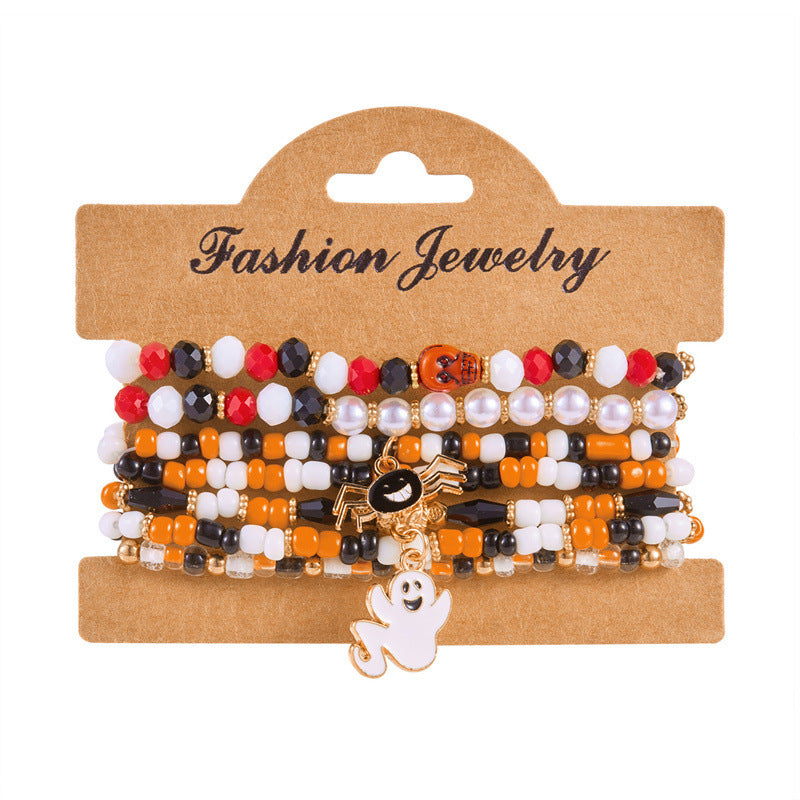 Juego de pulseras de aleación con dije de fantasma y calavera de Halloween dulce y atrevido con detalles de cuentas, regalo de festival unisex