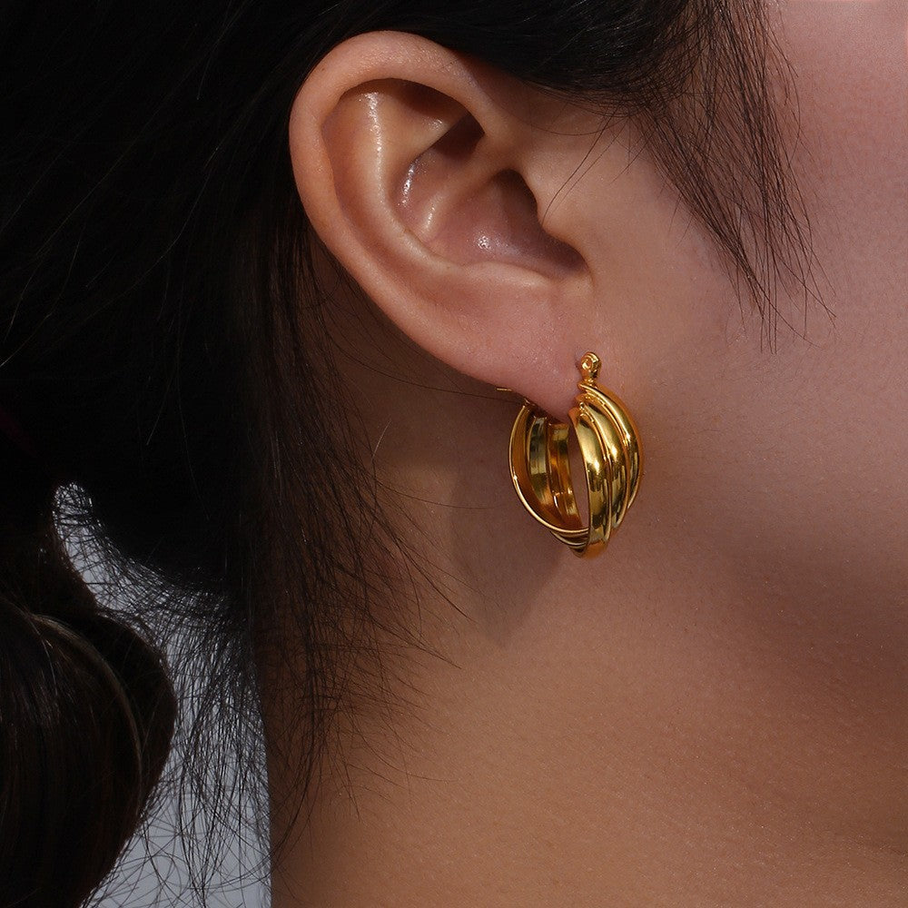 Minimalist Geometric Double-Layer C-Shaped Stainless Steel Hoop Earrings with Plated Finish