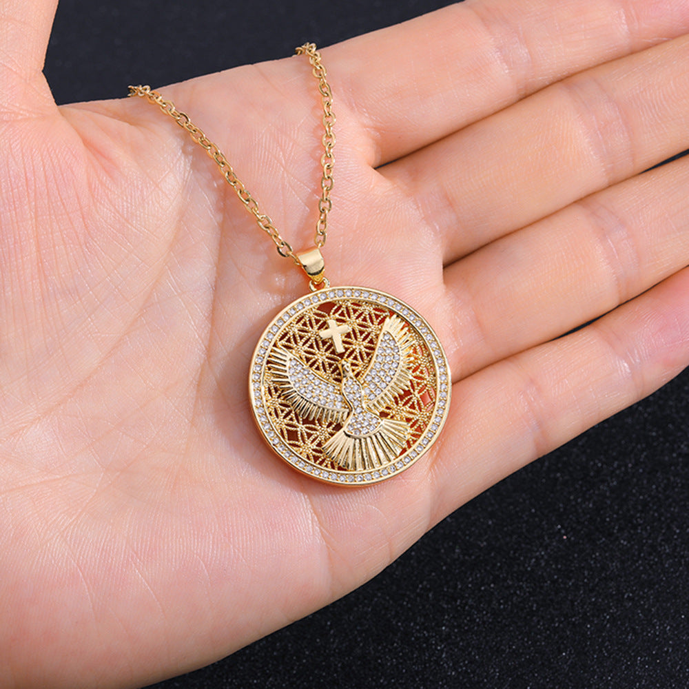 Collana con Ciondolo a Croce Etnica Vintage Aquila Guardiana Placcata Oro 18K Rame con Zirconia Cubica e Catenina a O Unisex