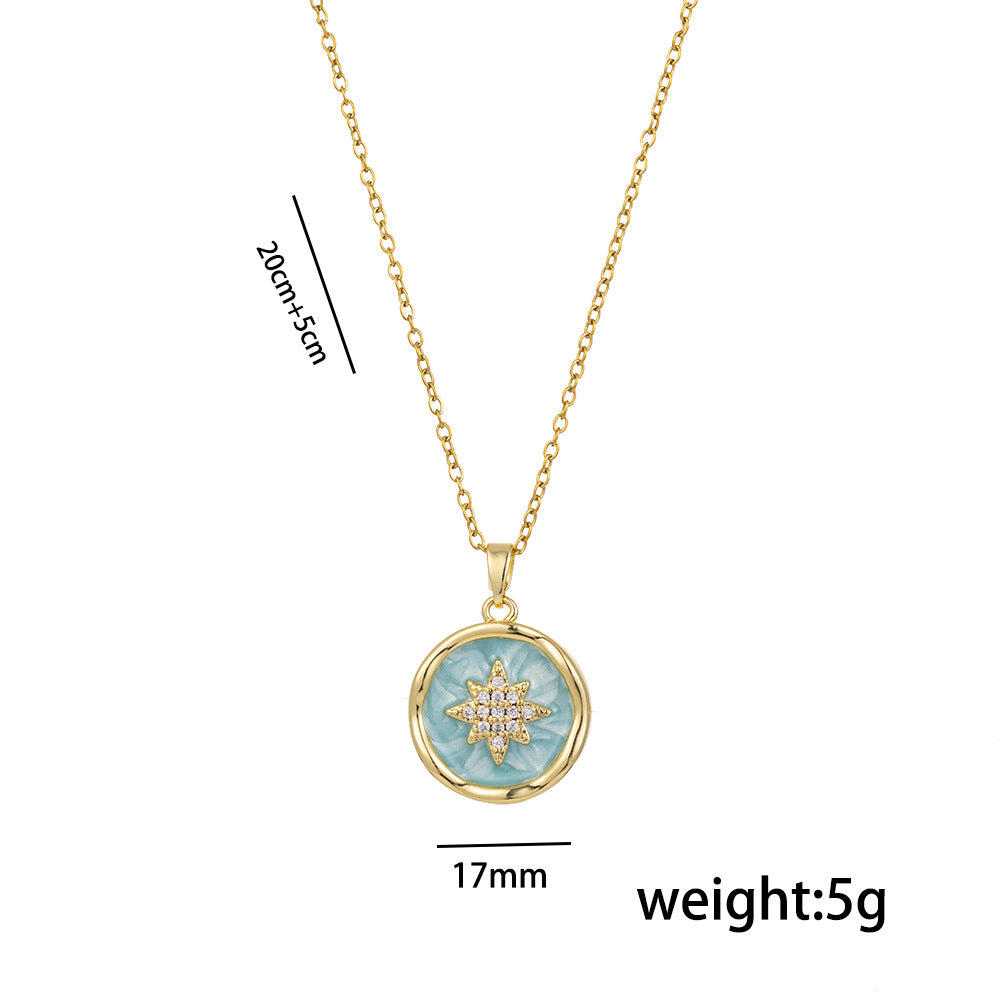 Collana da donna a forma di esagramma minimalista a conchiglia smaltata in zirconia, in acciaio al titanio, con catena a maglia ovale