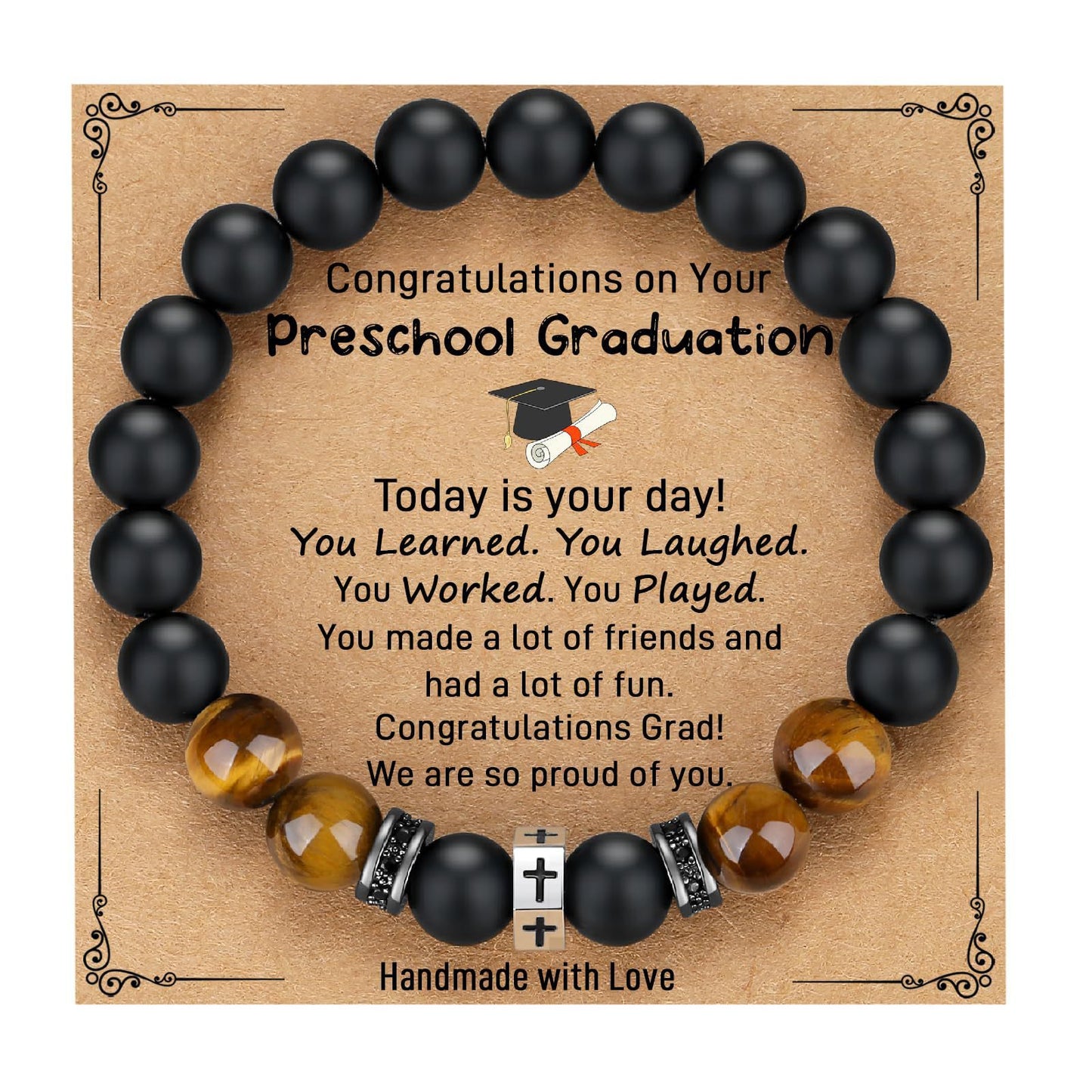 Matte Geometric Cross Tiger Eye Beaded Bracelet Stainless Steel Elastic Bangle