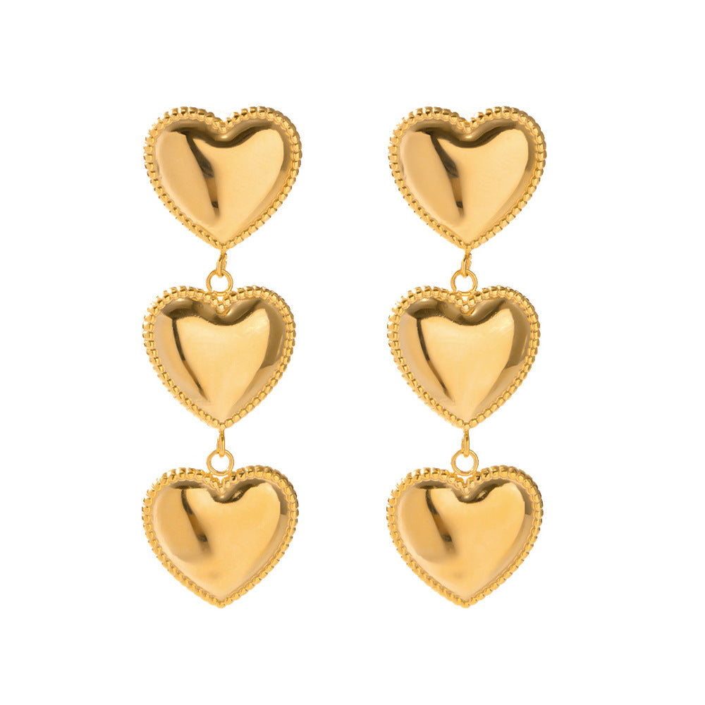 Pendientes de borla en forma de corazón de acero inoxidable con baño de oro de 18 quilates de moda con diseño de borde en capas para mujer