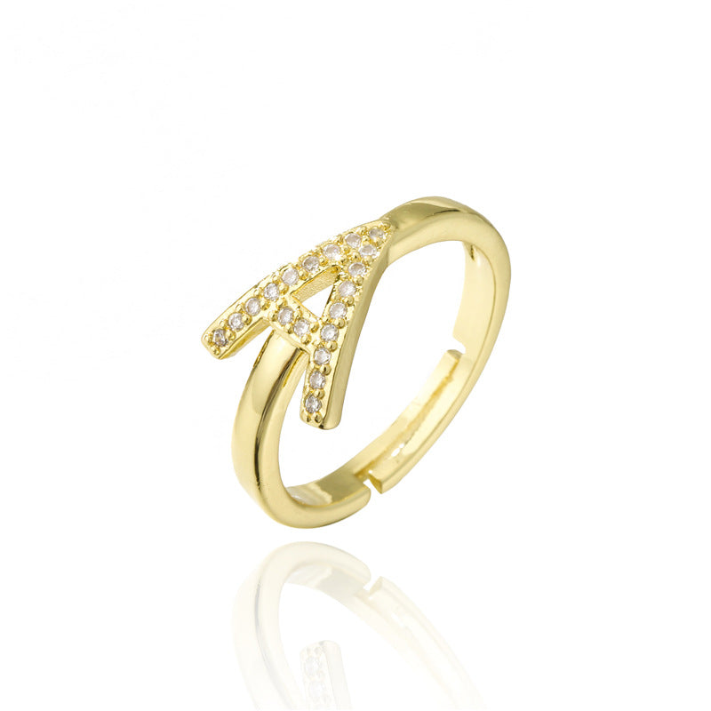 Fashion 18K Gold Plated Brass Micro-inlay Letter Ring Adjustable Open Band for Women