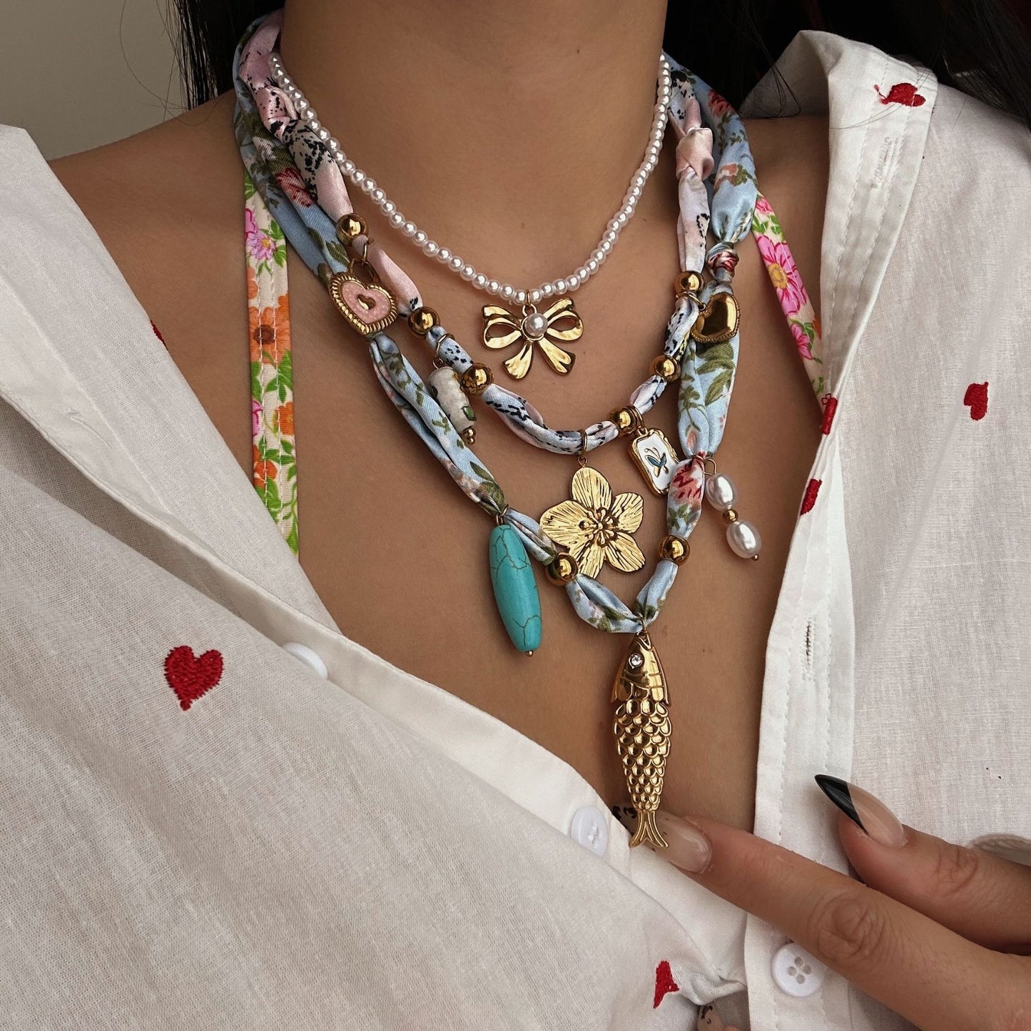 Casual Floral Heart Stainless Steel Plated Necklace with Ceramic Pendant for Women