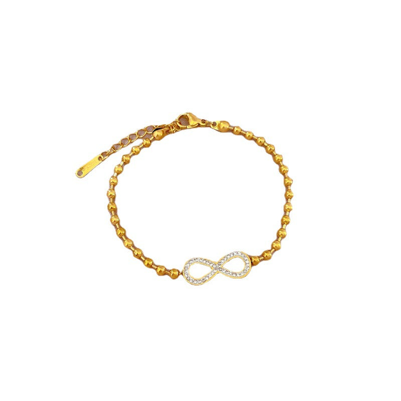 Vintage Bohemian Sweet Fresh Titanium Steel 8-Shape Round Bead Bracelet with Wavy Texture and Four-Season Bean Motif for Unisex