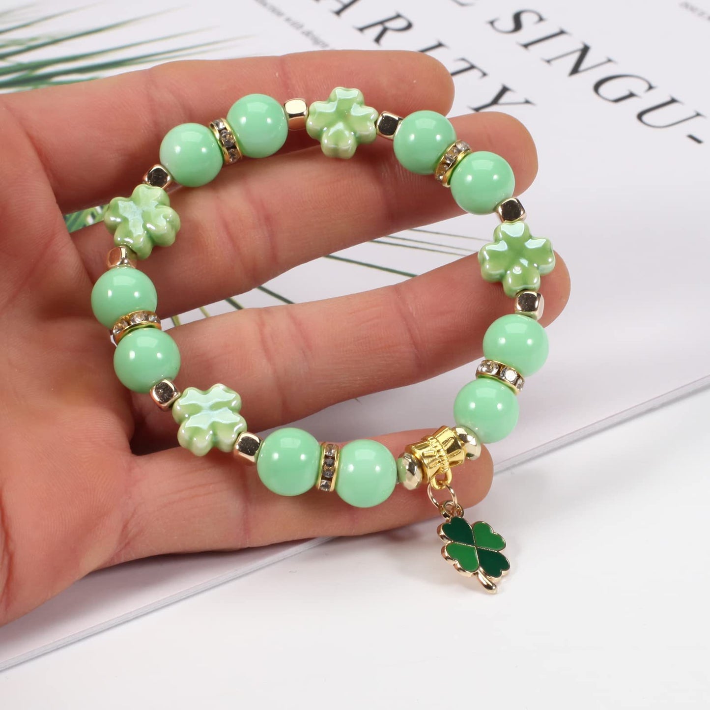 Elegant Four Leaf Clover Plant Floral Beaded Stretch Bracelet Unisex St. Patrick's Day Jewelry