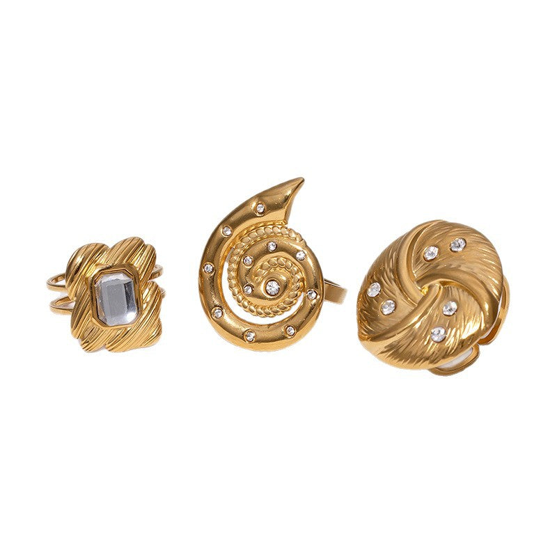 Minimalist Geometric Titanium Steel Ring with 18K Gold Plating and Rhinestone Inlay for Women