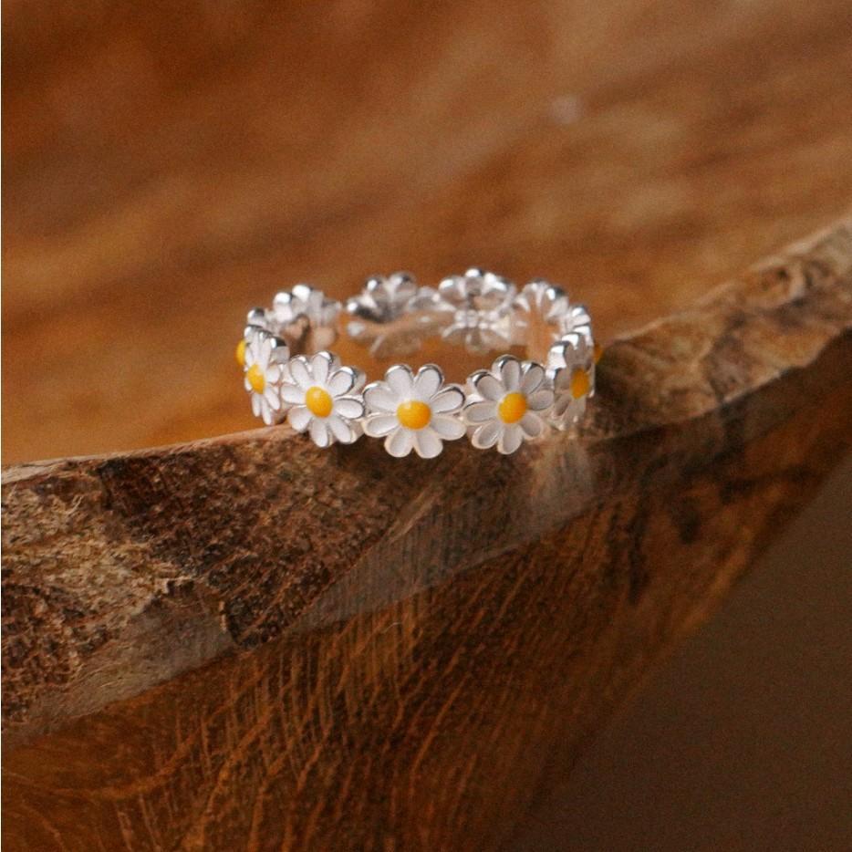 Anello in argento sterling 925 a forma di margherita in stile naturale da donna con finitura galvanizzata