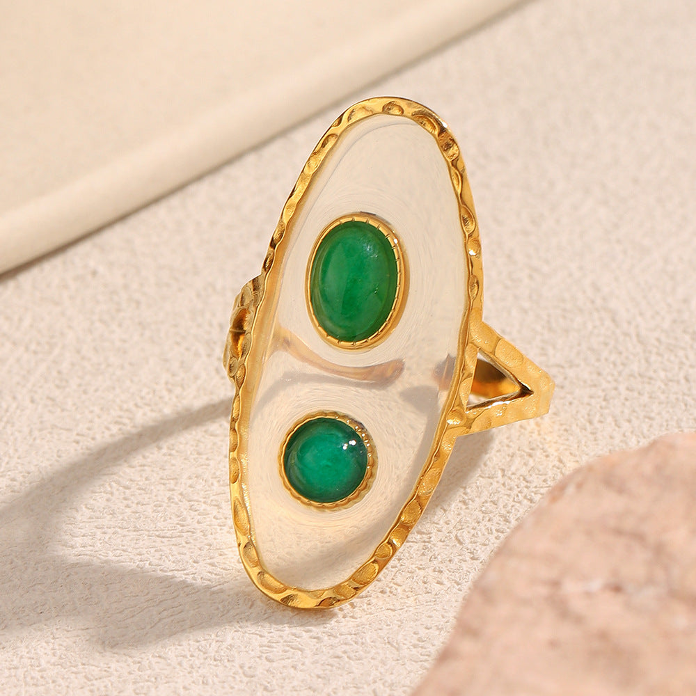 Anillo abierto de acrílico geométrico transparente verde estilo vintage de acero inoxidable con baño de oro de 18 quilates para mujer
