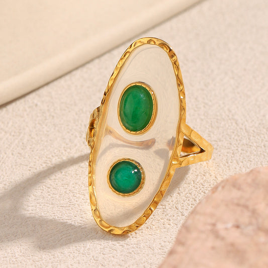 Vintage Style Geometric Acrylic Transparent Green Open Ring in Stainless Steel with 18K Gold Plating for Women