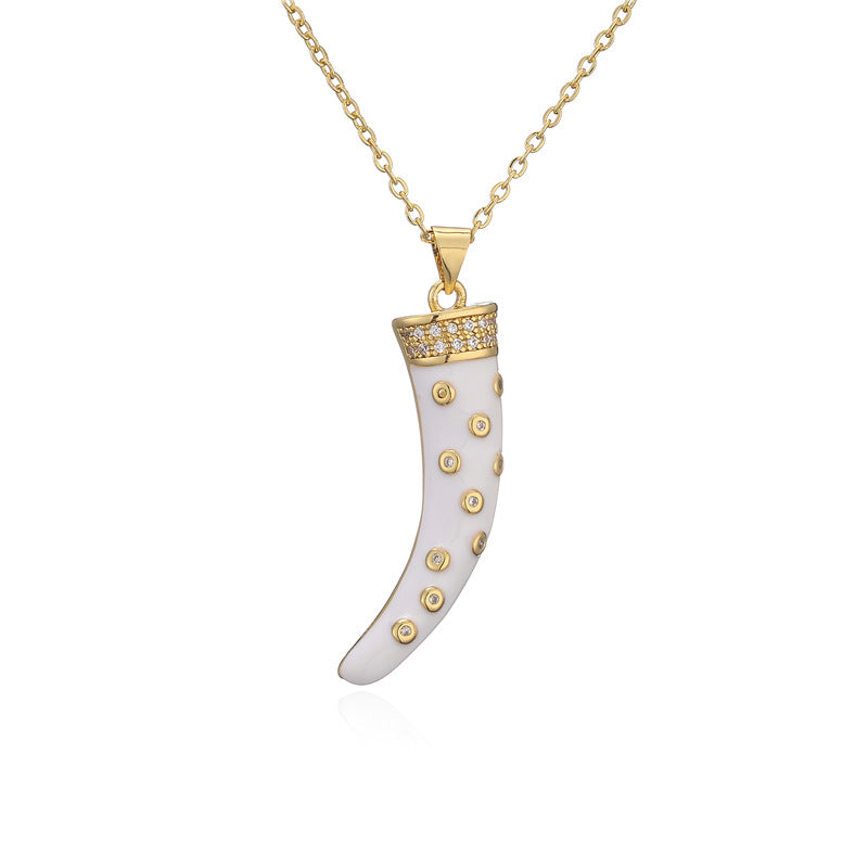 Minimalist Geometric Horn Pendant Necklace for Women in Copper with Enamel Finish and Cubic Zirconia Inlay on O-Chain