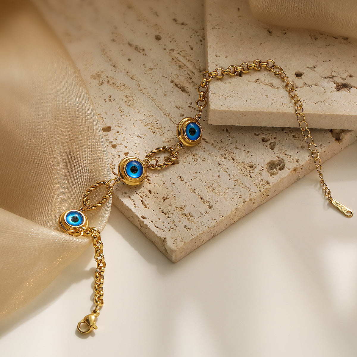 Minimalist Geometric Evil Eye Titanium Steel Bracelet with Gold Plating for Women