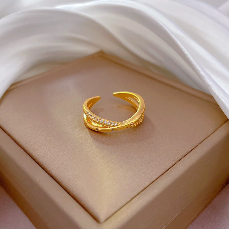 Minimalist Cold-Weather Style Crown-Shaped Brass Ring with Zircon Inlay for Women