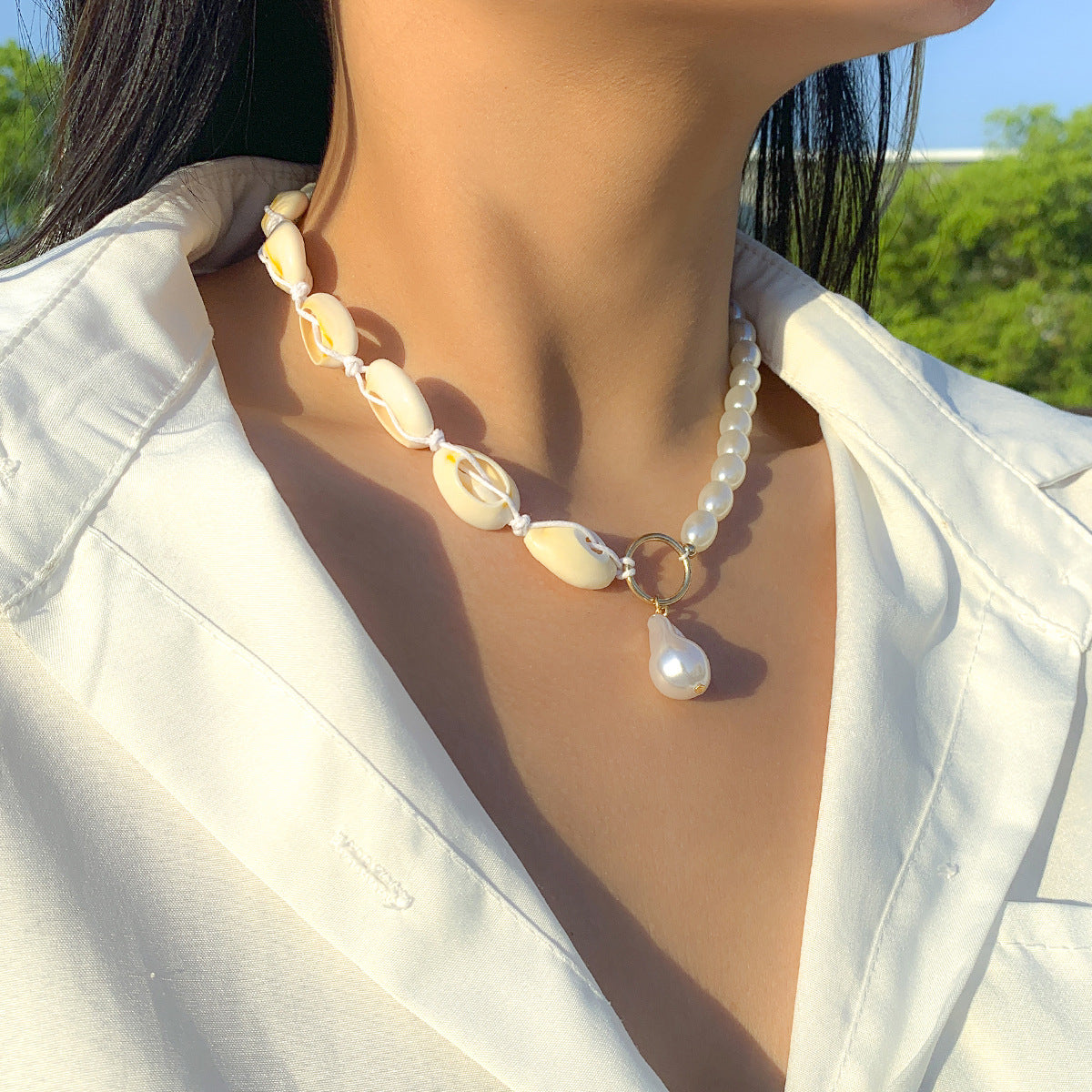Bohemian Ethnic Geometric Oval Faux Pearl Plated Ball Chain Necklace for Women