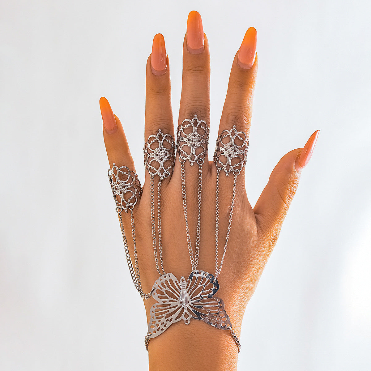 Gothic Punk Plated Alloy Geometric Floral Finger Chain Bracelet for Women
