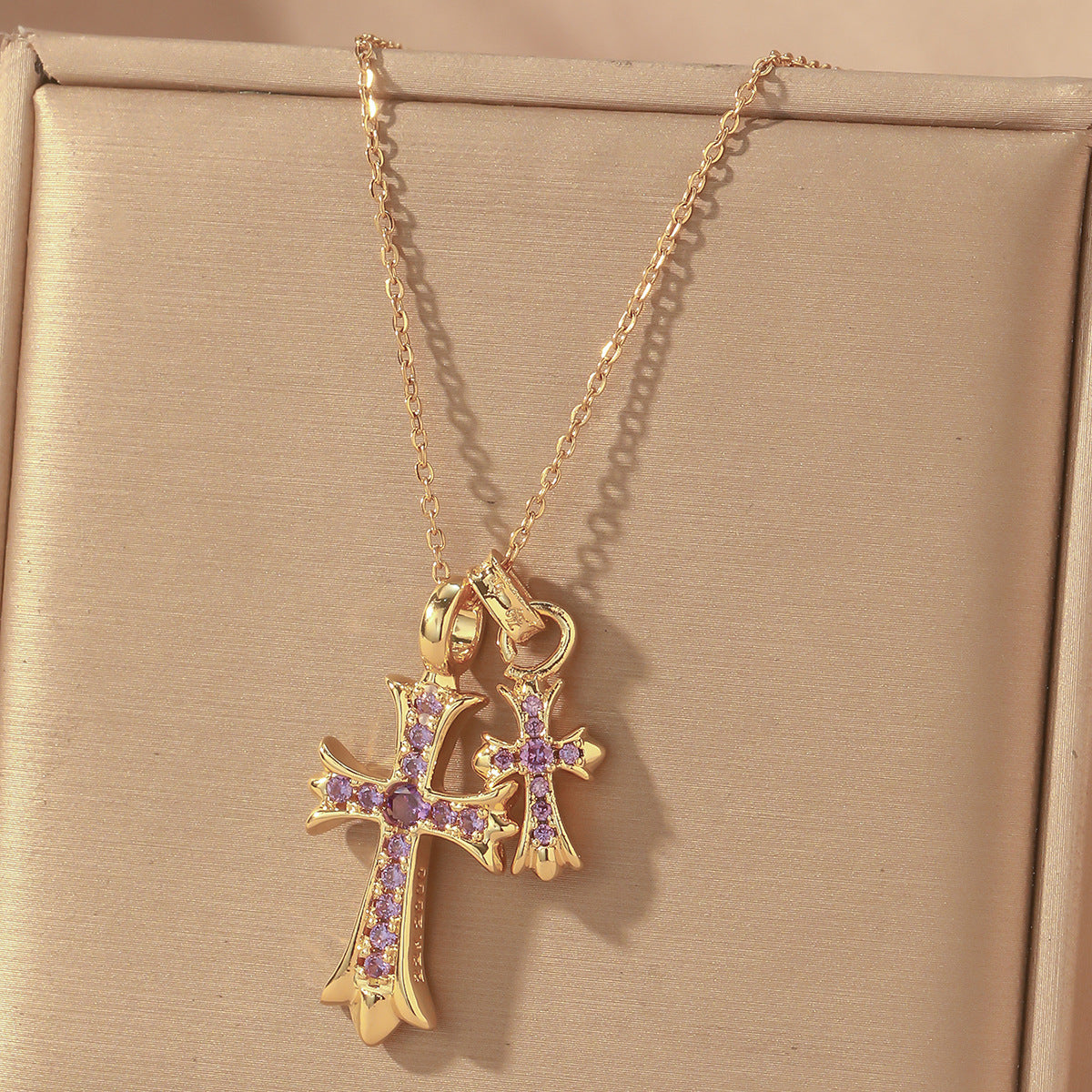 Luxury Sweet Double Cross Pendant Plated Titanium Steel Necklace with Curb Chain for Women