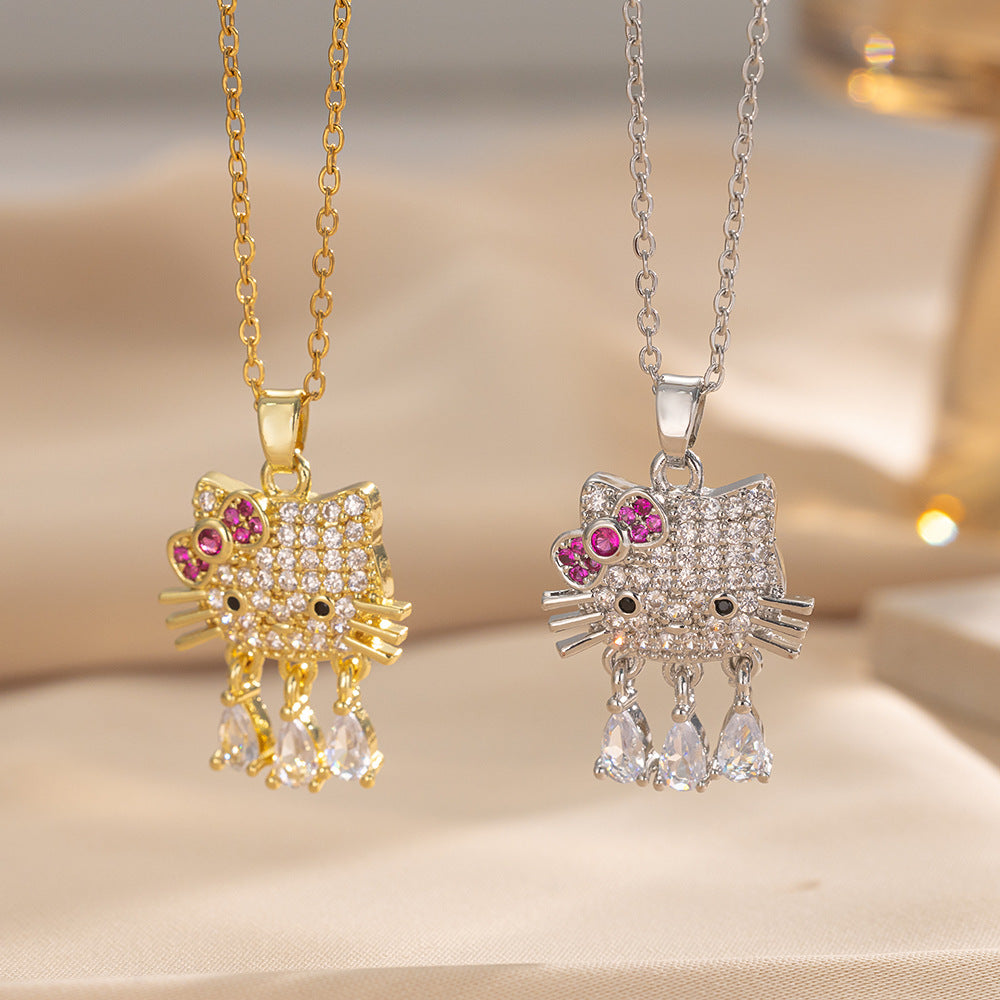 Luxury Cat Pendant Necklace in Titanium Steel with Micro-Paved Zirconia and 18K Gold Plating, Delicate Clavicle Chain for Women and Men