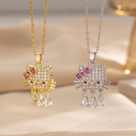 Luxury Cat Pendant Necklace in Titanium Steel with Micro-Paved Zirconia and 18K Gold Plating, Delicate Clavicle Chain for Women and Men