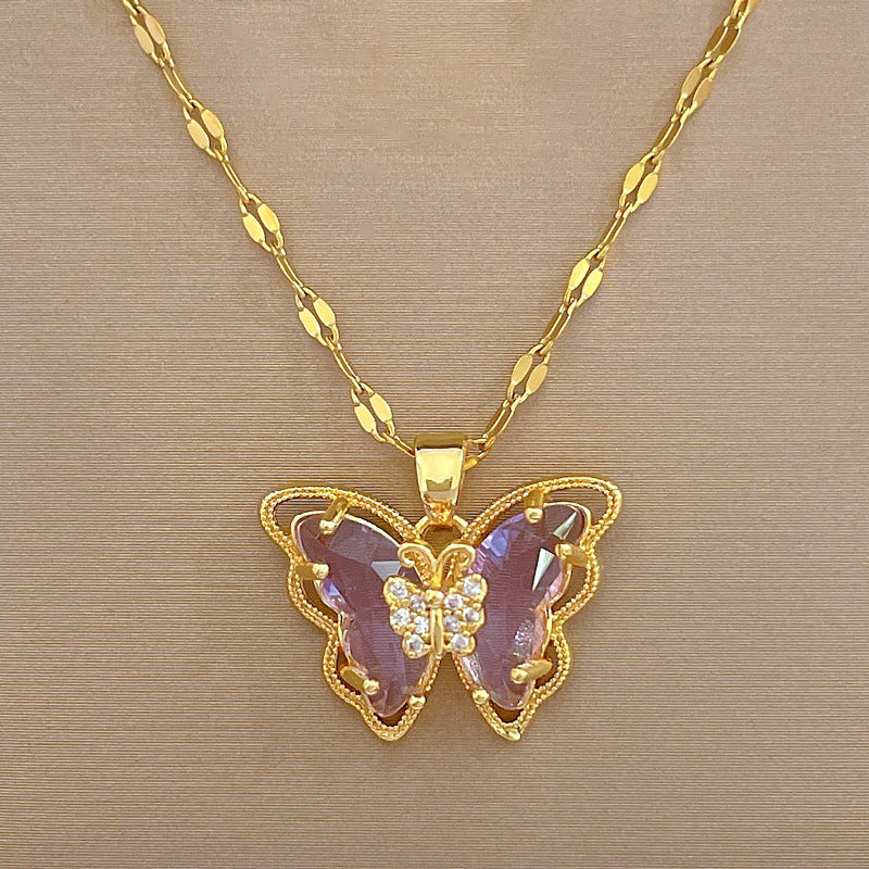 Elegant Sweet Butterfly Geometric Pendant Necklace Titanium Steel Chain for Unisex