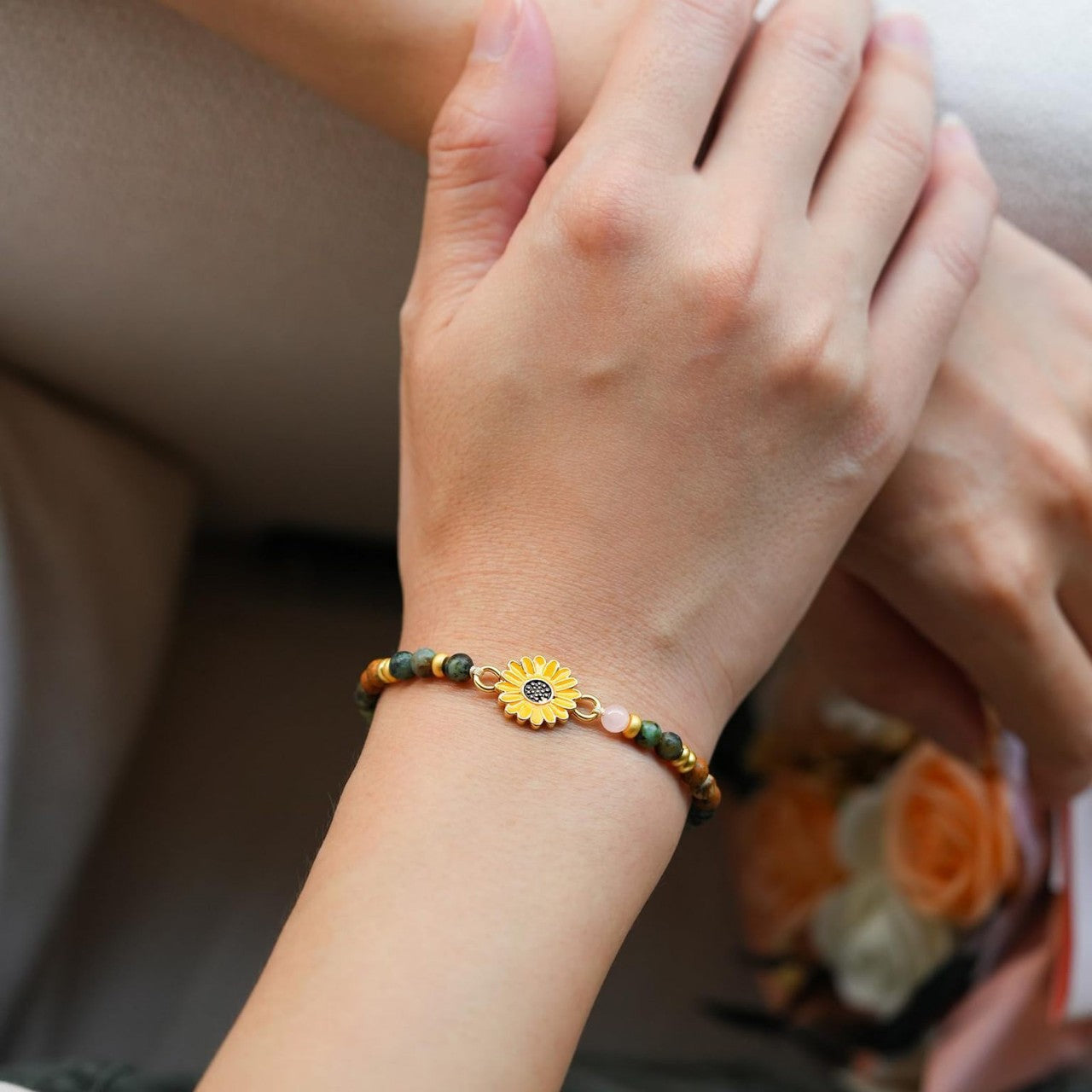 Sweet Geometric Sunflower Turquoise Pendant Stainless Steel Bracelet Unisex