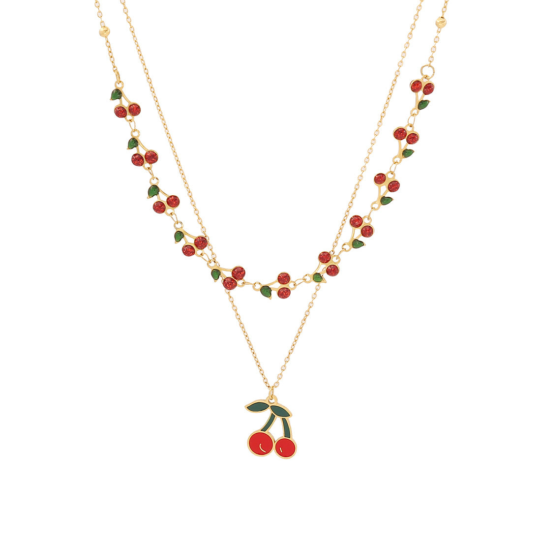 Cherry-Shaped Pendant Necklace in Stainless Steel with Plated Finish, Fashionable Double-Layer O-Chain for Women