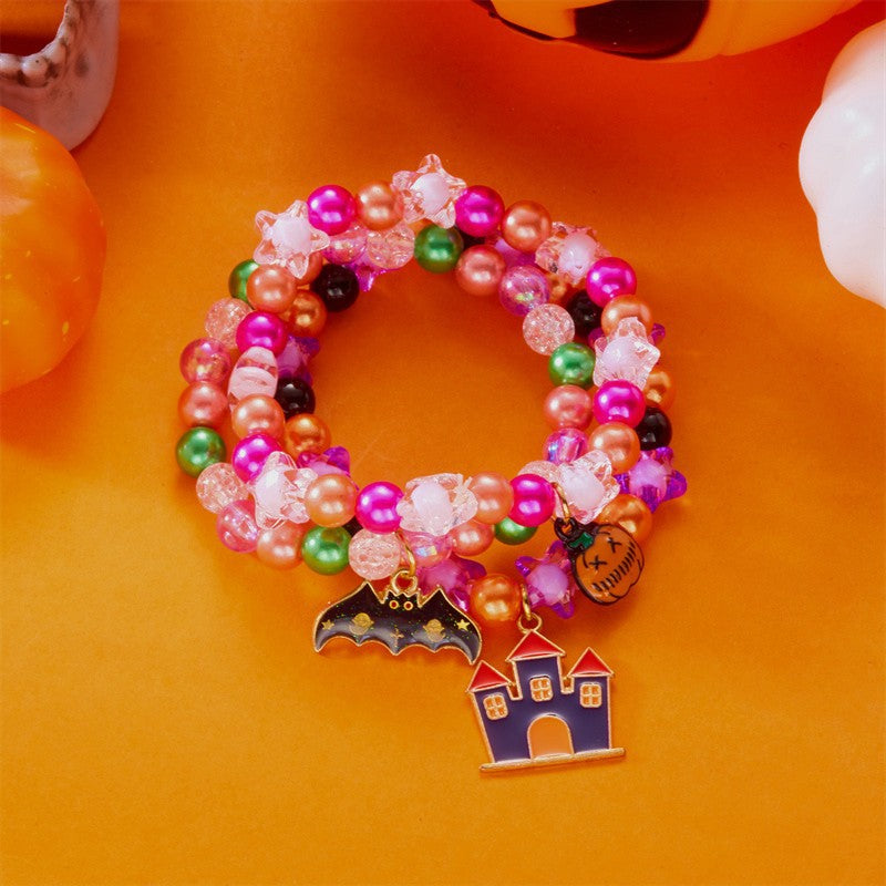 Braccialetto elasticizzato con perline casual geometriche a fantasma e zucca per donna con ciondolo in plastica