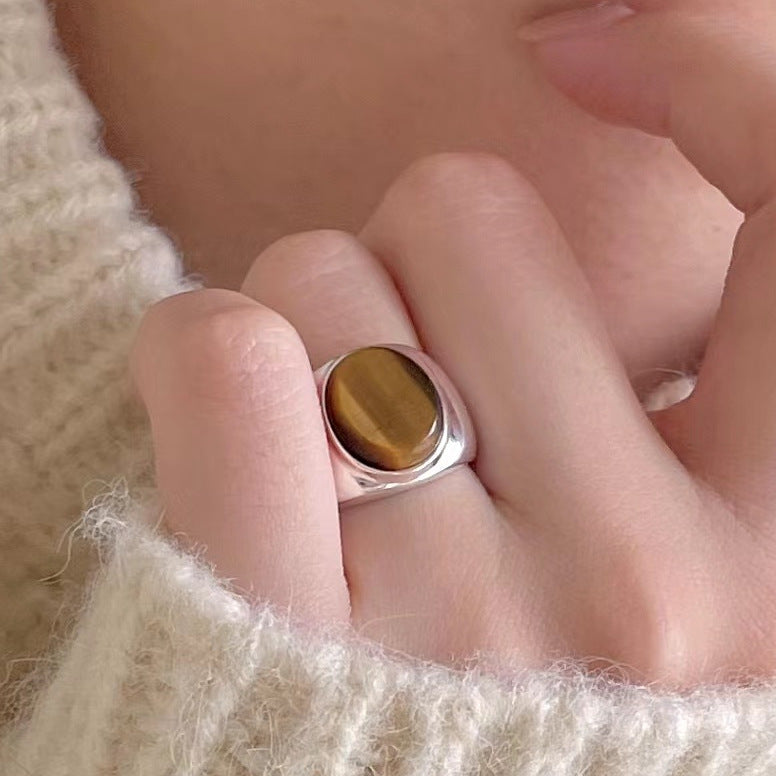 Anello da donna minimalista in argento sterling 925 con intarsio geometrico occhio di tigre