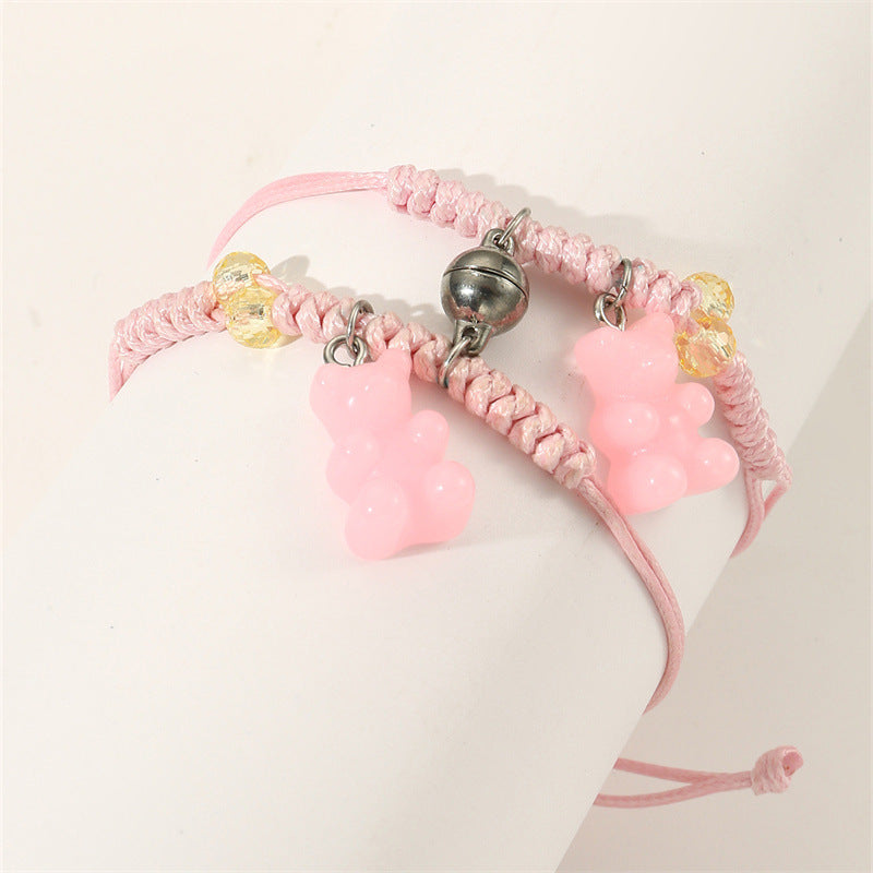 Bracciale intrecciato per bambini con ciondolo orsetto minimalista in resina plastica con chiusura magnetica